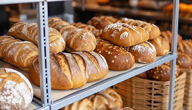 shelves with artisan bread loaves, two metal shelves stacked vertically
