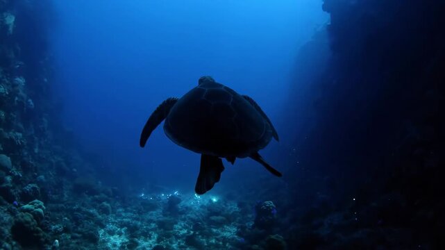 Green sea turtle glides through a deep ocean trench