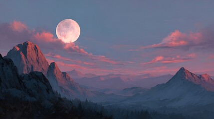 Majestic mountainous panorama at dusk; full moon amidst pastel-colored sky and clouds