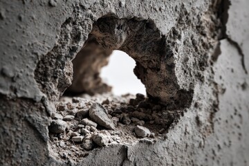 Rugged urban wall damage: cracked surface and exposed inner debris