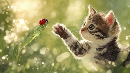 Young cat in a dewy meadow hunts a ladybug under warm light