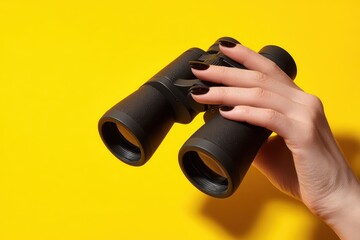 Female hand gripping binoculars against a bright yellow background, symbol of journey and discovery