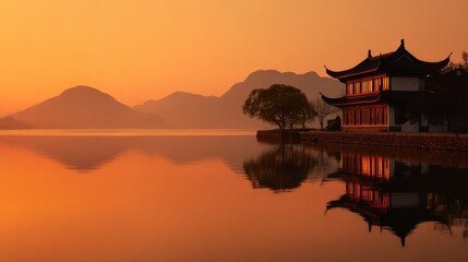 Curved-roof architecture in a tranquil lakeside silhouette at dusk