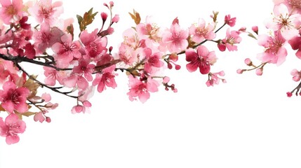 Fototapeta premium Vibrant pink cherry blossom branches on white background.