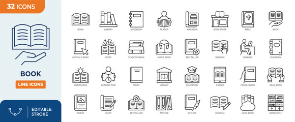 Book line editable icon set. Containing book, reading, library, author, journal, bookshelf, e-book and more. Editable stroke. Vector illustration