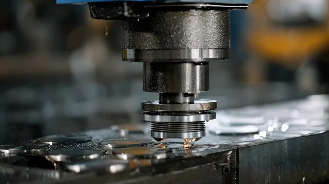 Medium shot of a mechanical press cutting perfectly round metal discs from a flat sheet in a highprecision industrial blanking process.