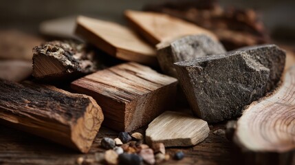 Macro photograph of reclaimed wood pieces with rough bark and grain patterns