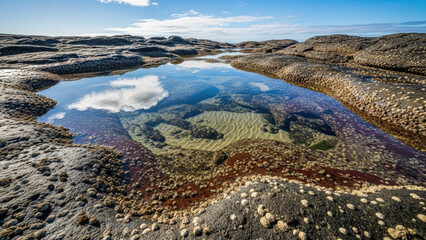 Tranquil Australian coastal rock pools reflecting a clear sky showcasing stunning natural formations and colors