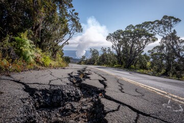 Damaged volcanic road in a national park with steam plume and rugged lava rock
