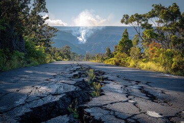 Dramatic roadside landscape: earthquake-damaged road through volcanic terrain and lush greenery