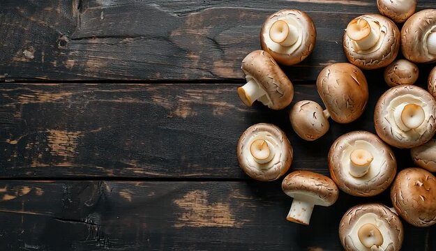 Overhead flat lay of fresh brown champignon mushrooms on dark rustic wooden table, cremini mushrooms clustered on right side