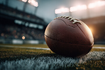 American football resting on the green grass of a stadium field under bright floodlights at sunset, professional sports game and competition for athletic achievement