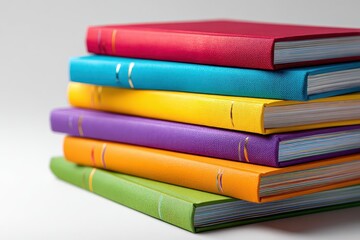 Colorful hardcover book stack on a pristine white background, symbolizing learning and back-to-school education