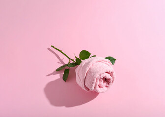 A towel  folded to look like a rose, pastel pink floral arrangement
