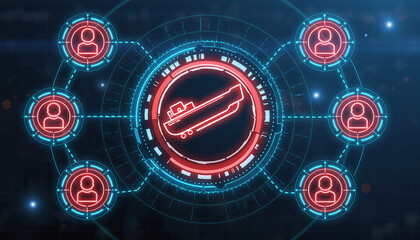 A network of interconnected people linked through a central hub, illustrating communication and the flow of information. The central hub is showing a long skateboard