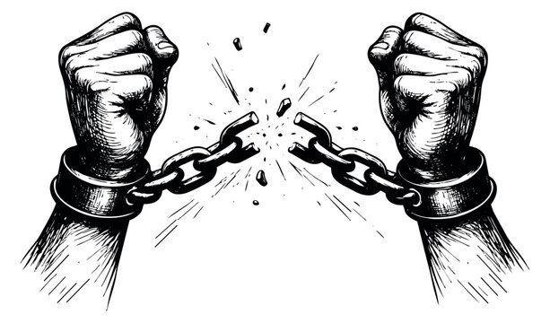 Hand drawn line art illustration of fists breaking a chain depicting strength and freedom for concepts of liberation