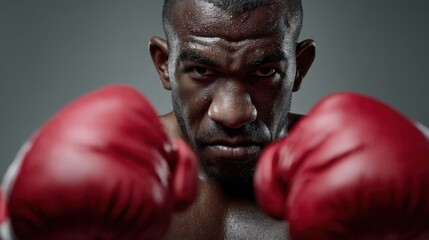 Focused african male boxer in red gloves preparing for fight.