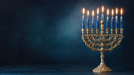 Lit menorah with burning blue candles on dark background.