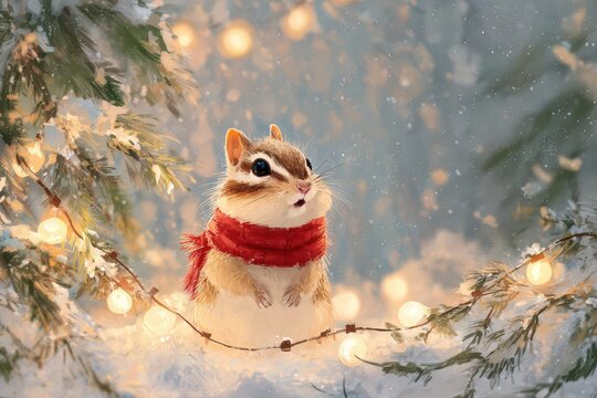 Seasonal forest portrait of a curious chipmunk in a snowy setting