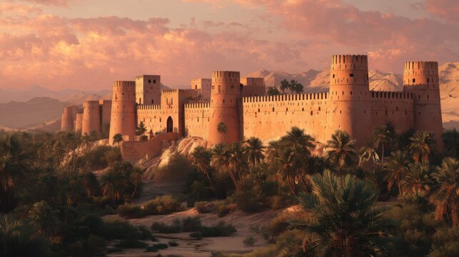 Majestic desert fortress with dramatic sunset and palm oasis.
