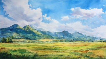 Fototapeta premium Beautiful mountain landscape with vibrant blue sky and lush green fields.