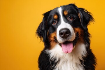 Playful Bernese Mountain Dog Portrait on Bright Yellow Background