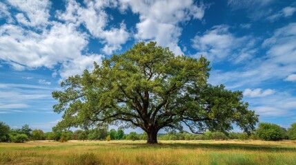 Fototapeta premium Majestic oak tree in lush field under a vibrant blue sky with clouds.
