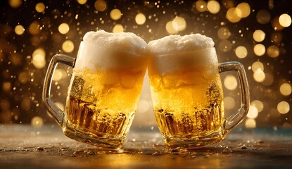 Two overflowing mugs of golden beer clinking together in a celebratory toast with a dramatic splash of foam and bright bokeh background