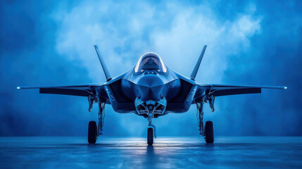 Fototapeta premium Futuristic Stealth Jet in Dramatic Blue Lighting with Fog Background