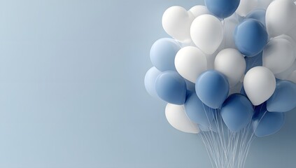 Celebratory background with various size realistic three dimensional white and soft blue balloons floating against a matching pastel blue wall ideal for holidays or a party