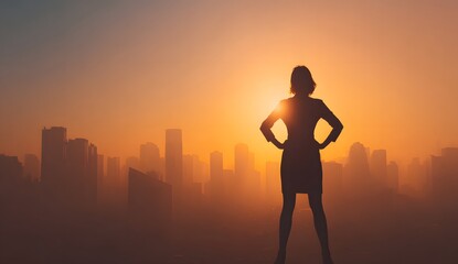 Silhouette of a confident businesswoman standing with hands on hips looking out at a modern city skyline during a golden sunset