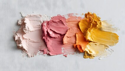 Vibrant color palette of peach, pink, and yellow paint swatches creating abstract strokes on a clean white background