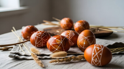 Decorated easter eggs arranged on table with natural elements  in eco vibe