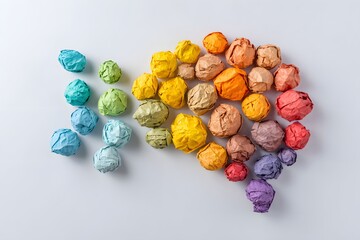 Silhouette of a head with colorful crumpled paper balls symbolizing creativity, brainstorming, diverse ideas, and mental health