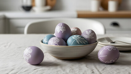 Decorative eggs in pastel lavender colors placed in a ceramic bowl on table  