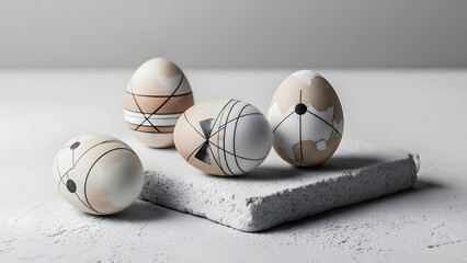 Decorative eggs with abstract unusual patterns on a concrete surface  