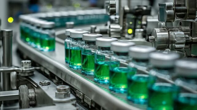 緑色薬液バイアル充填の自動生産工程ライン