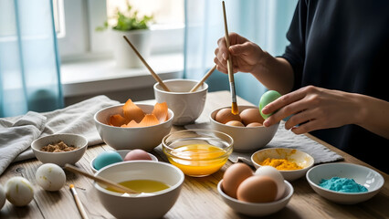 Woman dyeing Easter eggs at home with colorful materials on table  