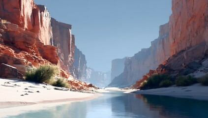 Stunning natural landscape of a desert canyon with tall rough cliffs and a small reflective river running through the sandy ground under a clear blue sky