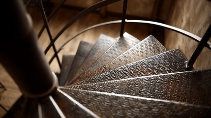 Overhead shot reveals spiral staircase with aged metal steps and a wrought-iron banister