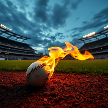 Flaming baseball rests on dirt infield within stadium at night intense energy passion power conveyed by burning ball bright flames focus on action excitement speed success ambition baseball field stad