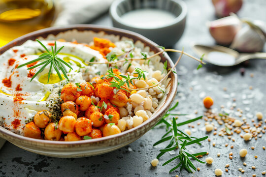 Colorful bowl of chickpeas, grains, and yogurt topped with herbs and spices, showcasing a healthy meal with vibrant ingredients.