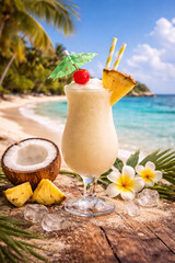 A pina colada cocktail on the beach
