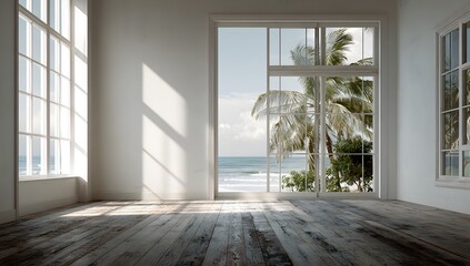 Scenic view of an empty contemporary room with large floor to ceiling glass windows overlooking a peaceful tropical ocean vista and natural wood flooring