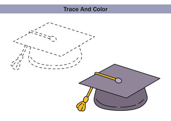 Educational worksheet with a graduation hat to trace and colour color. Dashed outline for tracing and a fully coloured  graduation hat  for kids fine motor skills practice and early learning activitie