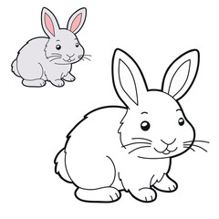 Cute bunny colouring page for children. Simple black and white outline plus a coloured reference easter bunny. Educational worksheet, kids colouring activity, printable vector illustration.