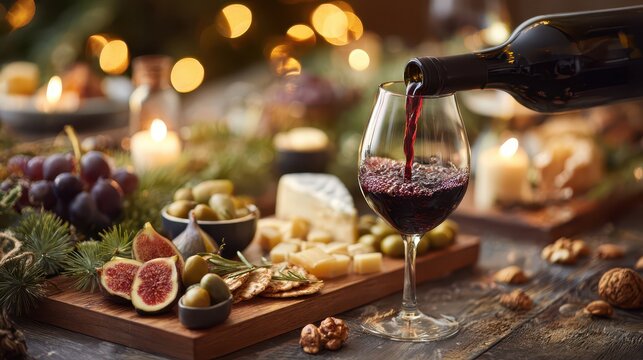 Warm holiday wine tasting scene with red wine poured beside cheese, fruit and crackers - Powered by Adobe