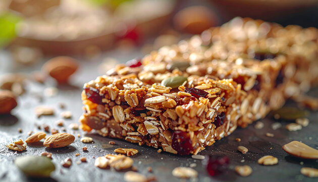 Vegan granola protein bar made with oats and seeds, healthy homemade snack, organic food.