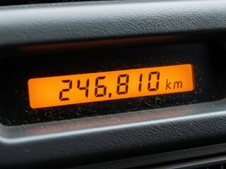 Close-up of a car's digital odometer displaying 246,810 kilometers traveled