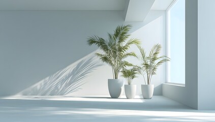 Minimalist interior design with a large potted green palm plant casting long shadows on an empty clean white wall and floor in bright sunlight